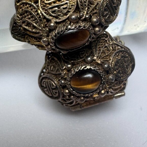 Vtg Chinese Export Bracelet Tiger's Eye Cabochon Silver Gilded Vermeil Filigree - Picture 3 of 16